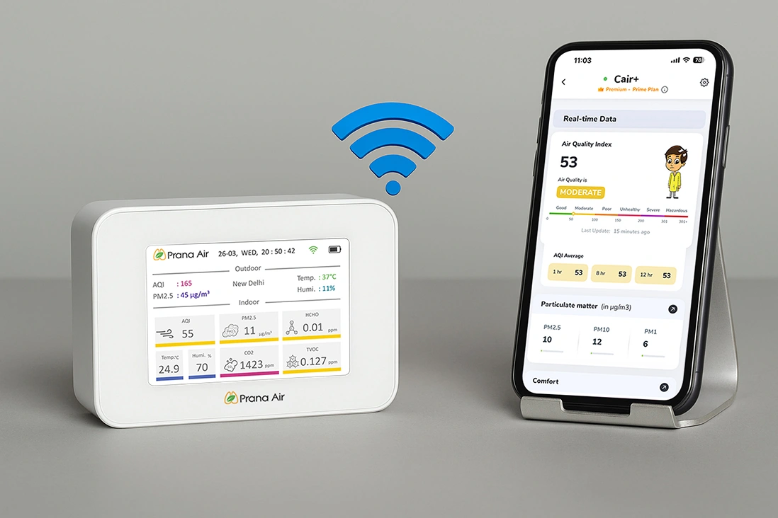 prana air cair air quality monitor connected with aqi mobile app